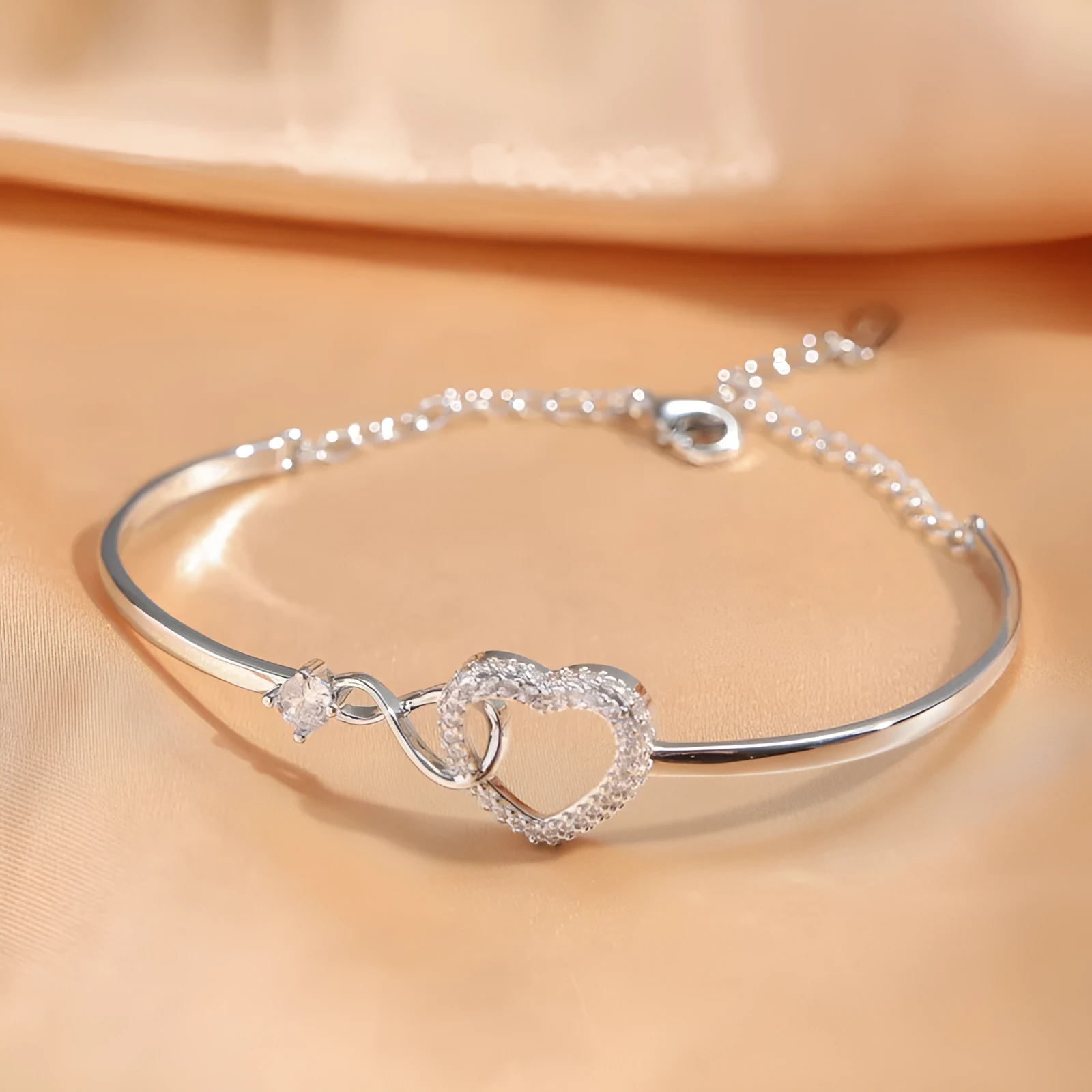 Hollow zircon loving heart opening bracelet for women in gold finish with card flip box