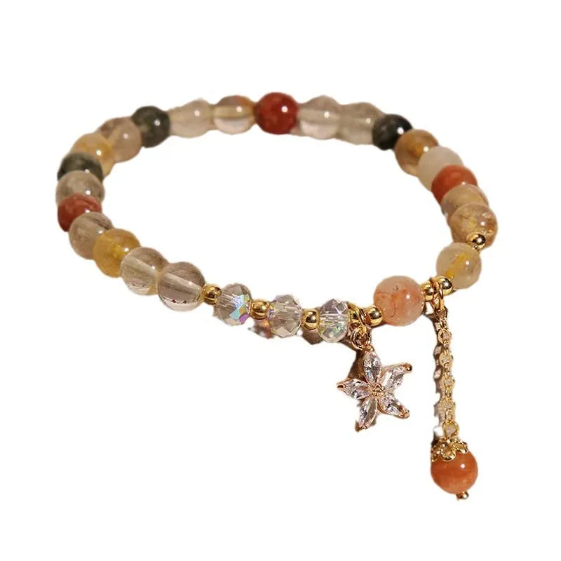 Coloured hair crystal bracelet with cat's paw and butterfly charms in Korean unisex style
