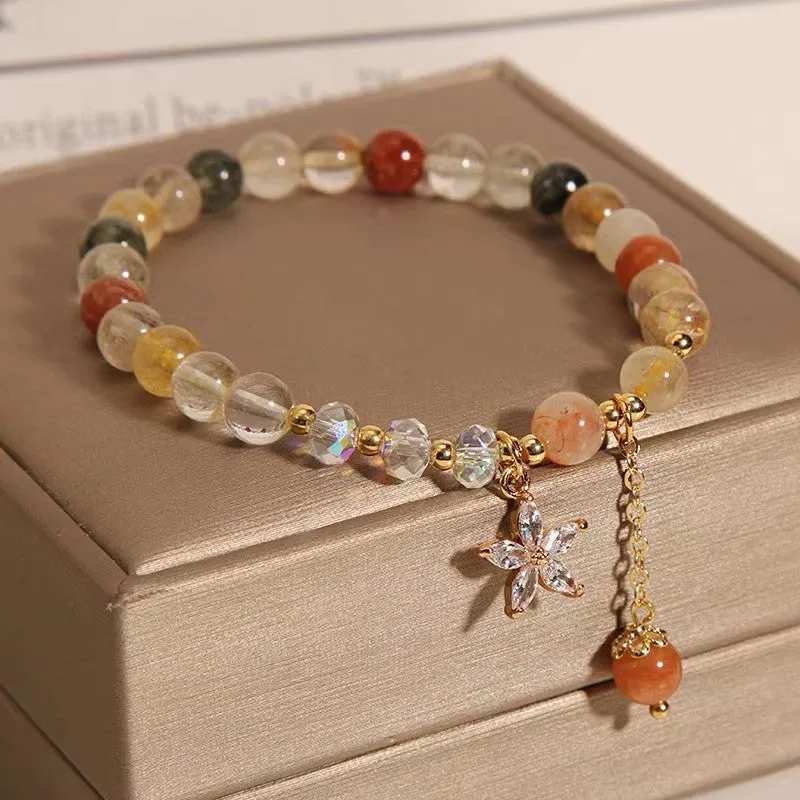 Coloured hair crystal bracelet with cat's paw and butterfly charms in Korean unisex style