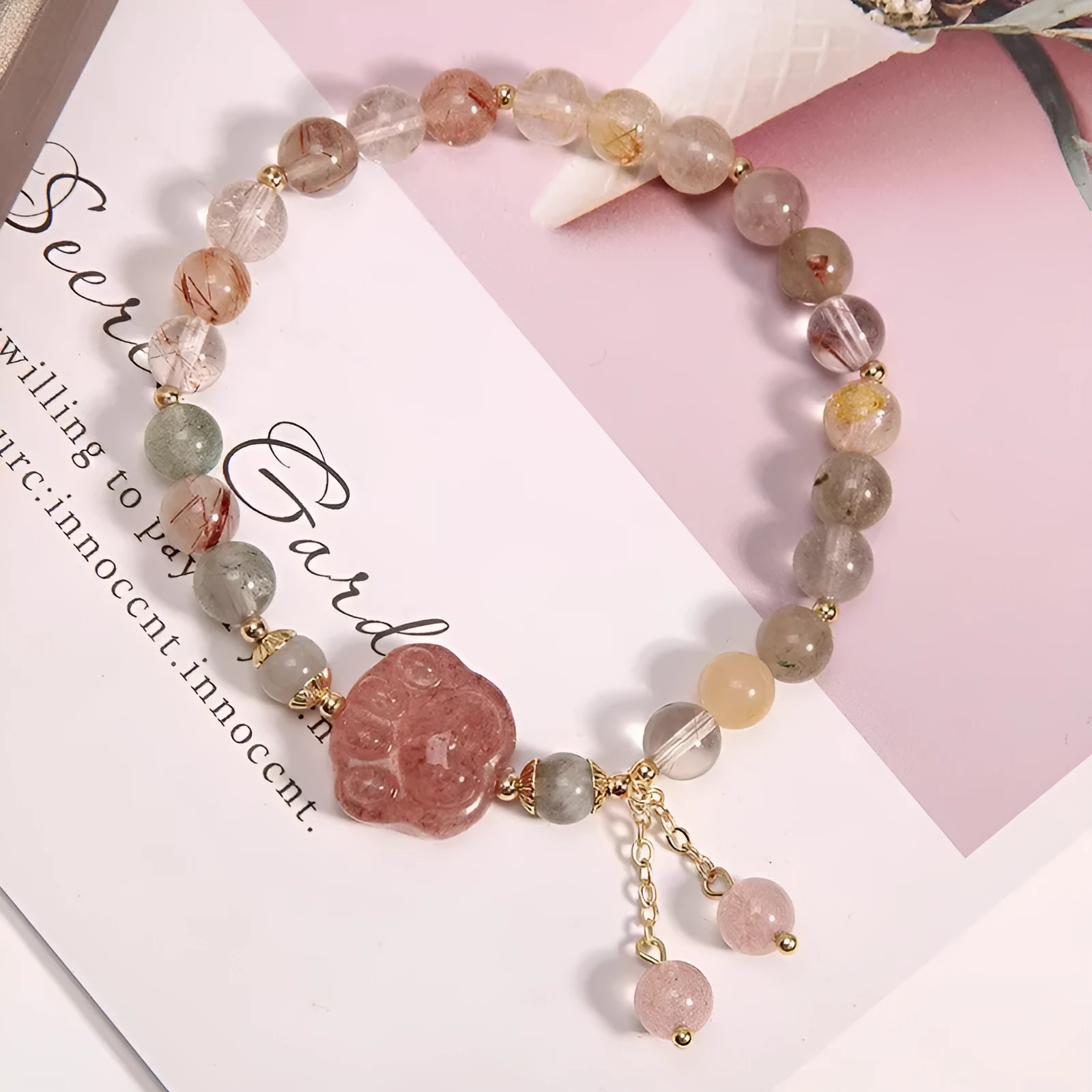 Coloured hair crystal bracelet with cat's paw and butterfly charms in Korean unisex style