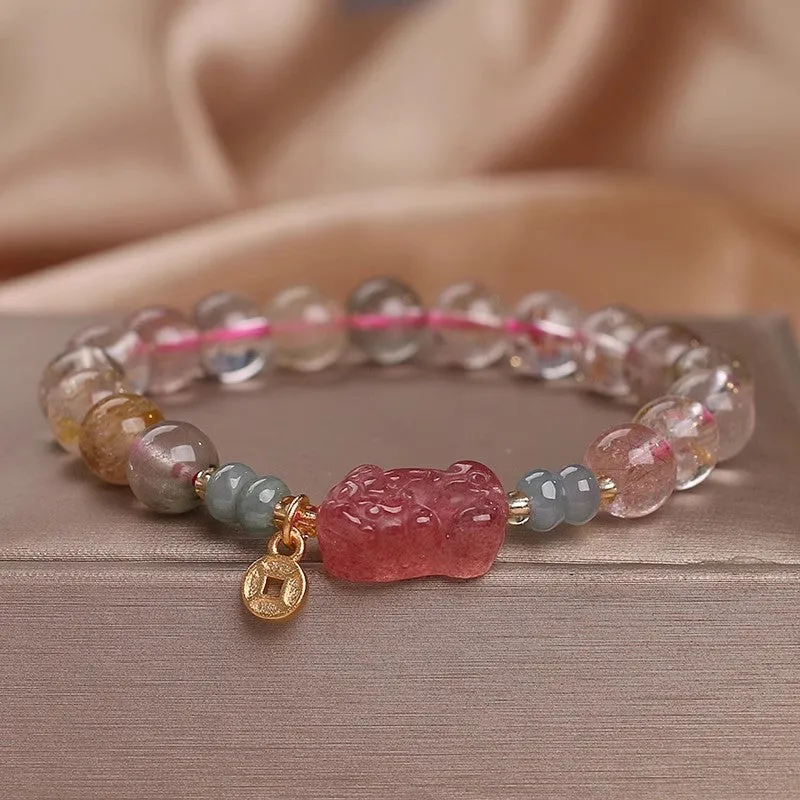 Coloured hair crystal bracelet with cat's paw and butterfly charms in Korean unisex style