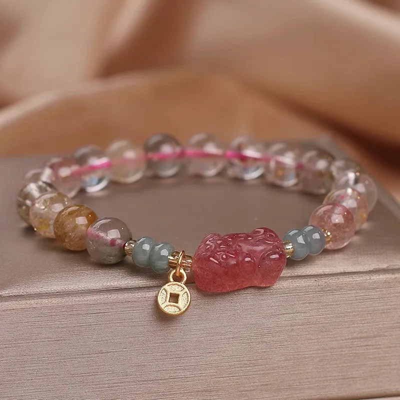 Coloured hair crystal bracelet with cat's paw and butterfly charms in Korean unisex style