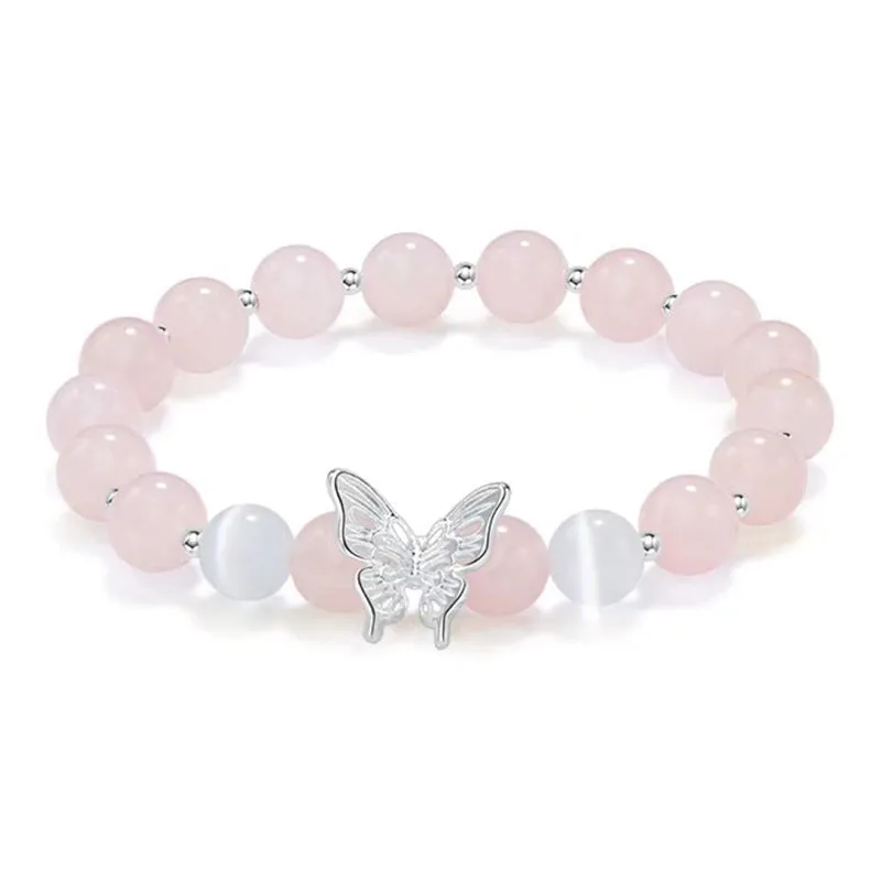 Cat eye crystal bracelet for women, bow shape, pink crystal option, on white background