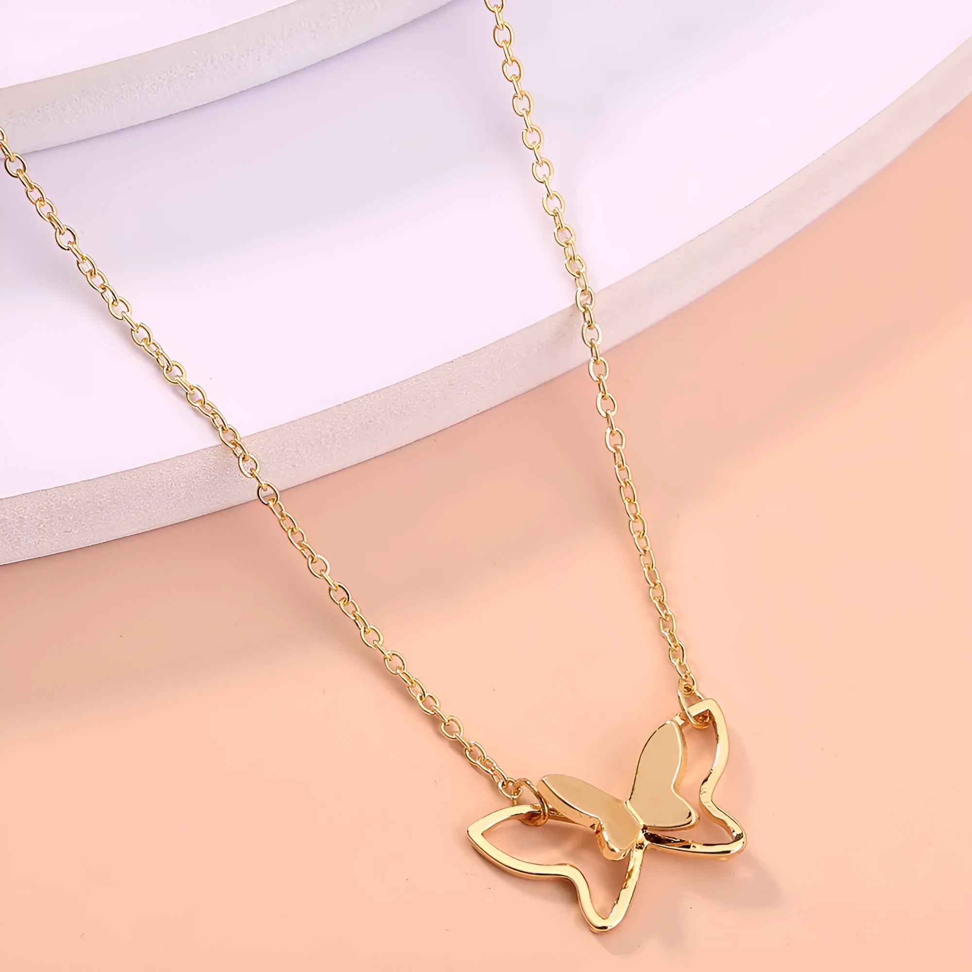 Women's double-layer copper alloy butterfly pendant necklace with electroplated finish, adjustable 51-80cm chain, colour NZ731