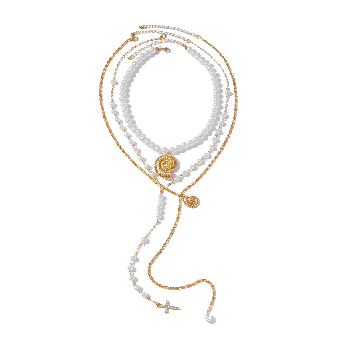 Long Y-shaped twin necklace with tassel pendant in gold electroplated alloy with imitation pearl chain