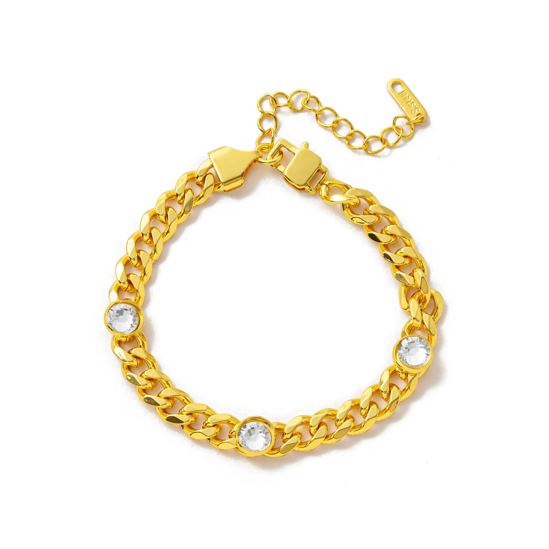 Electroplated gold titanium steel hip-hop bracelet with chamfered square pendant on regular chain