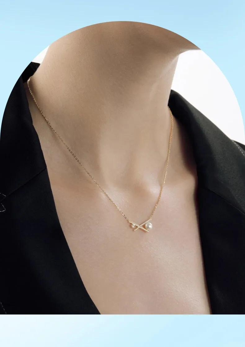 S925 sterling silver transformed pearl necklace with diamonds geometric asymmetric pendant cross chain light luxury women's jewellery