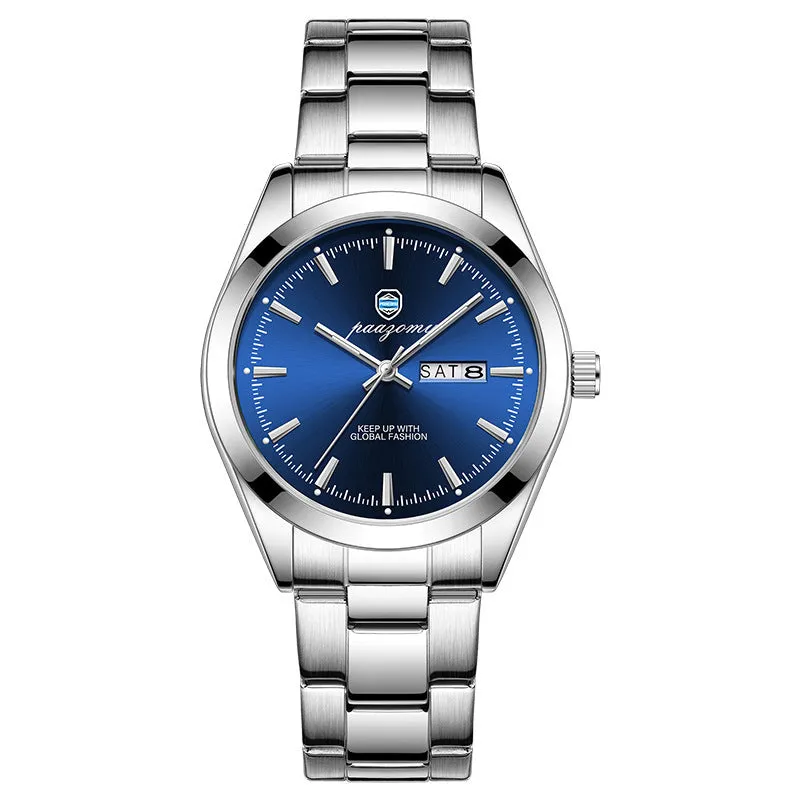 Men's double calendar luminous quartz watch with silver case and steel strap