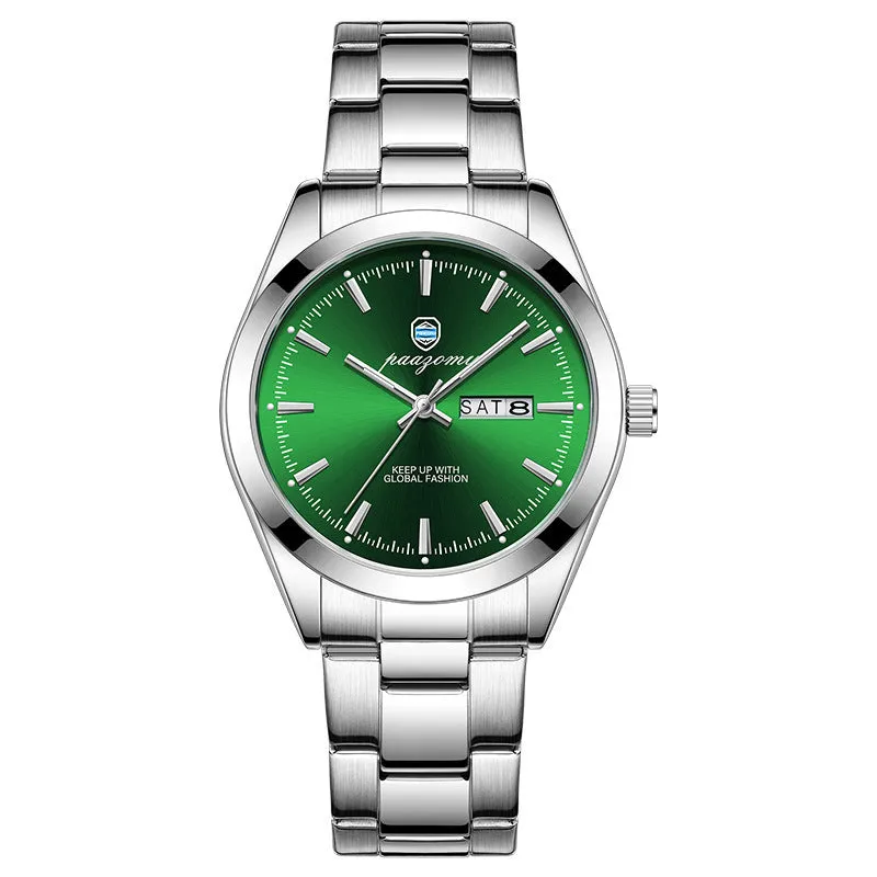 Men's double calendar luminous quartz watch with silver case and steel strap