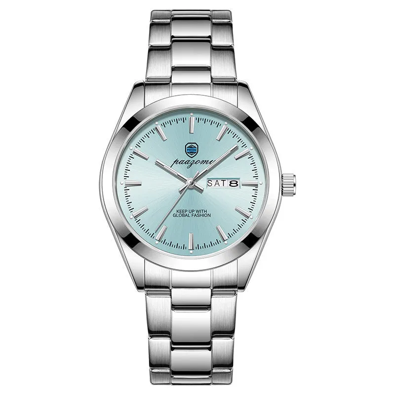 Men's double calendar luminous quartz watch with silver case and steel strap