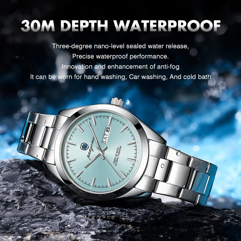 Men's double calendar luminous quartz watch with silver case and steel strap
