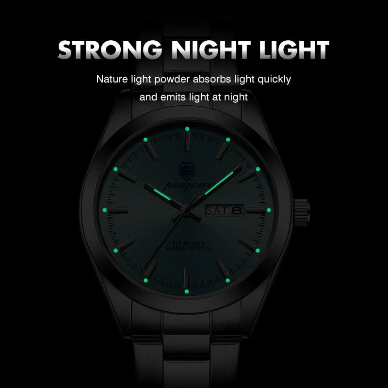 Men's double calendar luminous quartz watch with silver case and steel strap