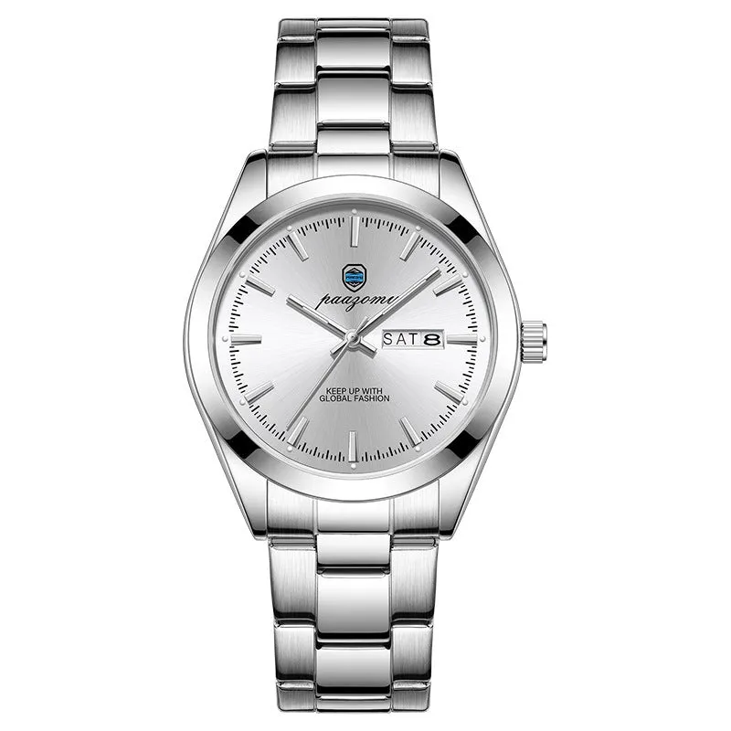 Men's double calendar luminous quartz watch with silver case and steel strap