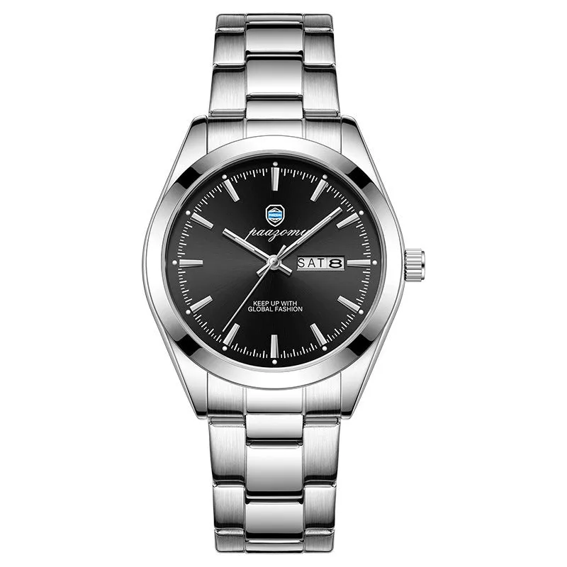 Men's double calendar luminous quartz watch with silver case and steel strap