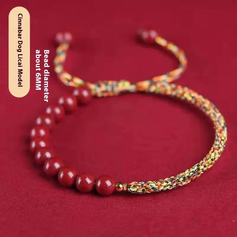 Braided rope bracelet with cinnabar beads in 8mm diameter and wine red colour