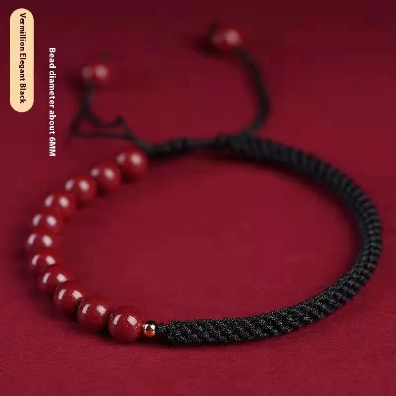 Braided rope bracelet with cinnabar beads in 8mm diameter and wine red colour