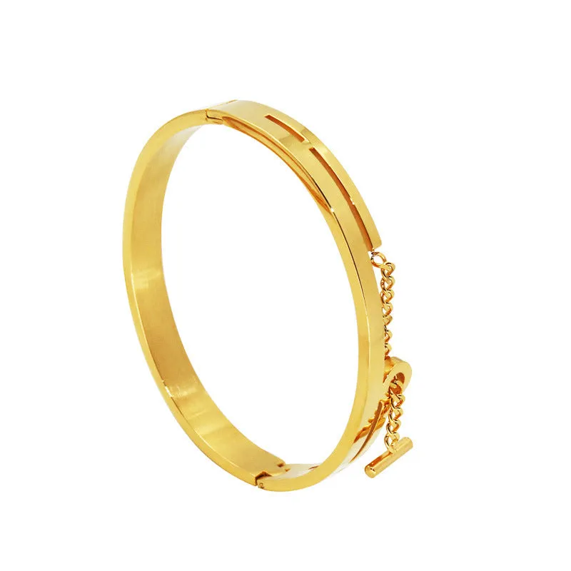 Geometric titanium steel bracelet in rose gold electroplated finish on white background