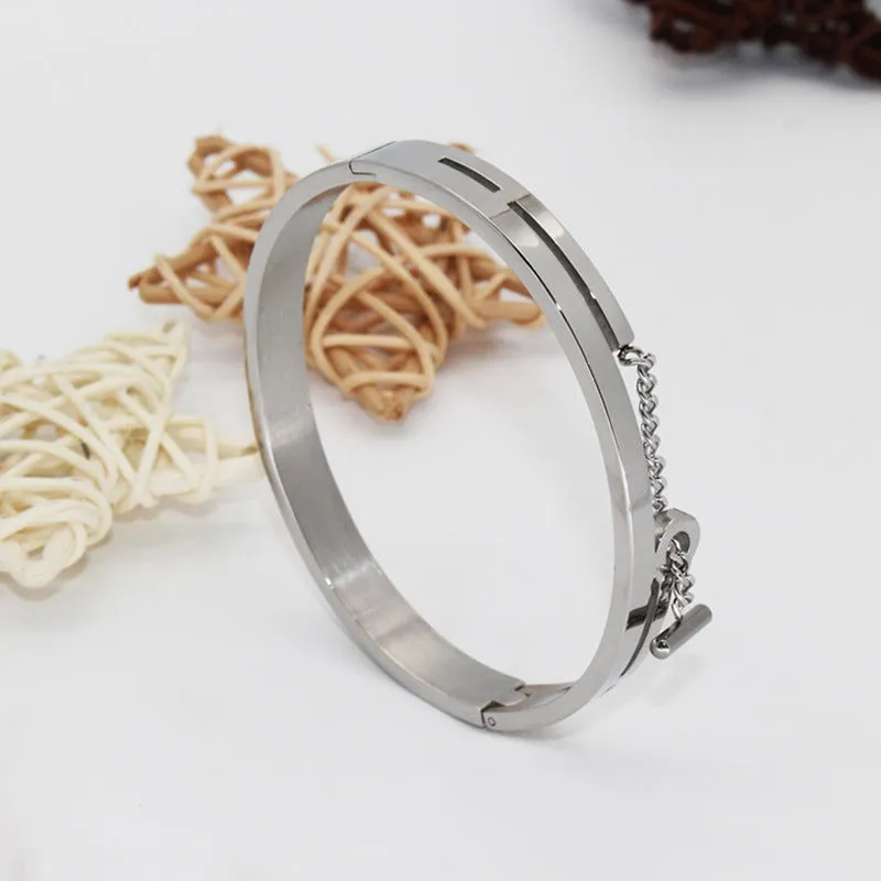 Geometric titanium steel bracelet in rose gold electroplated finish on white background