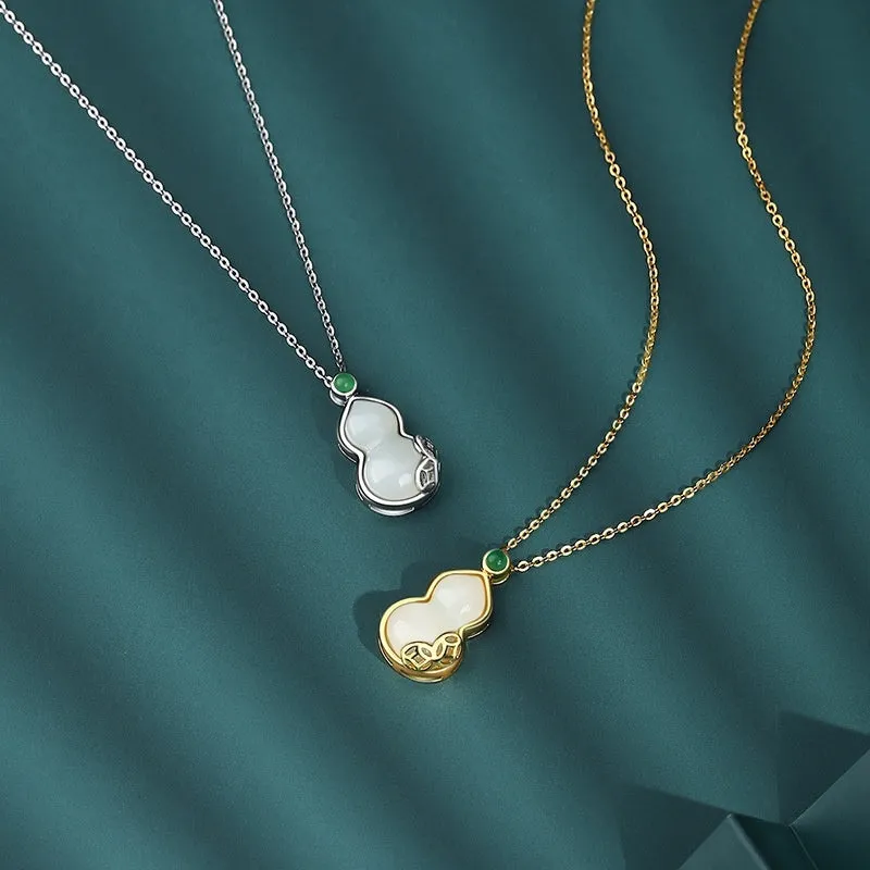 S925 sterling silver necklace with Hetian jade gourd pendant, Fu Lu design, available in 22K gold or white gold colour