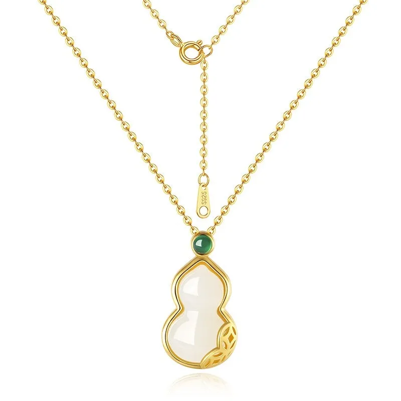 S925 sterling silver necklace with Hetian jade gourd pendant, Fu Lu design, available in 22K gold or white gold colour