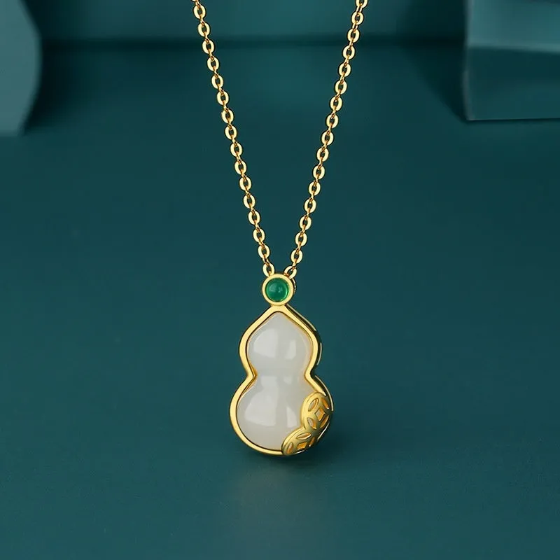 S925 sterling silver necklace with Hetian jade gourd pendant, Fu Lu design, available in 22K gold or white gold colour