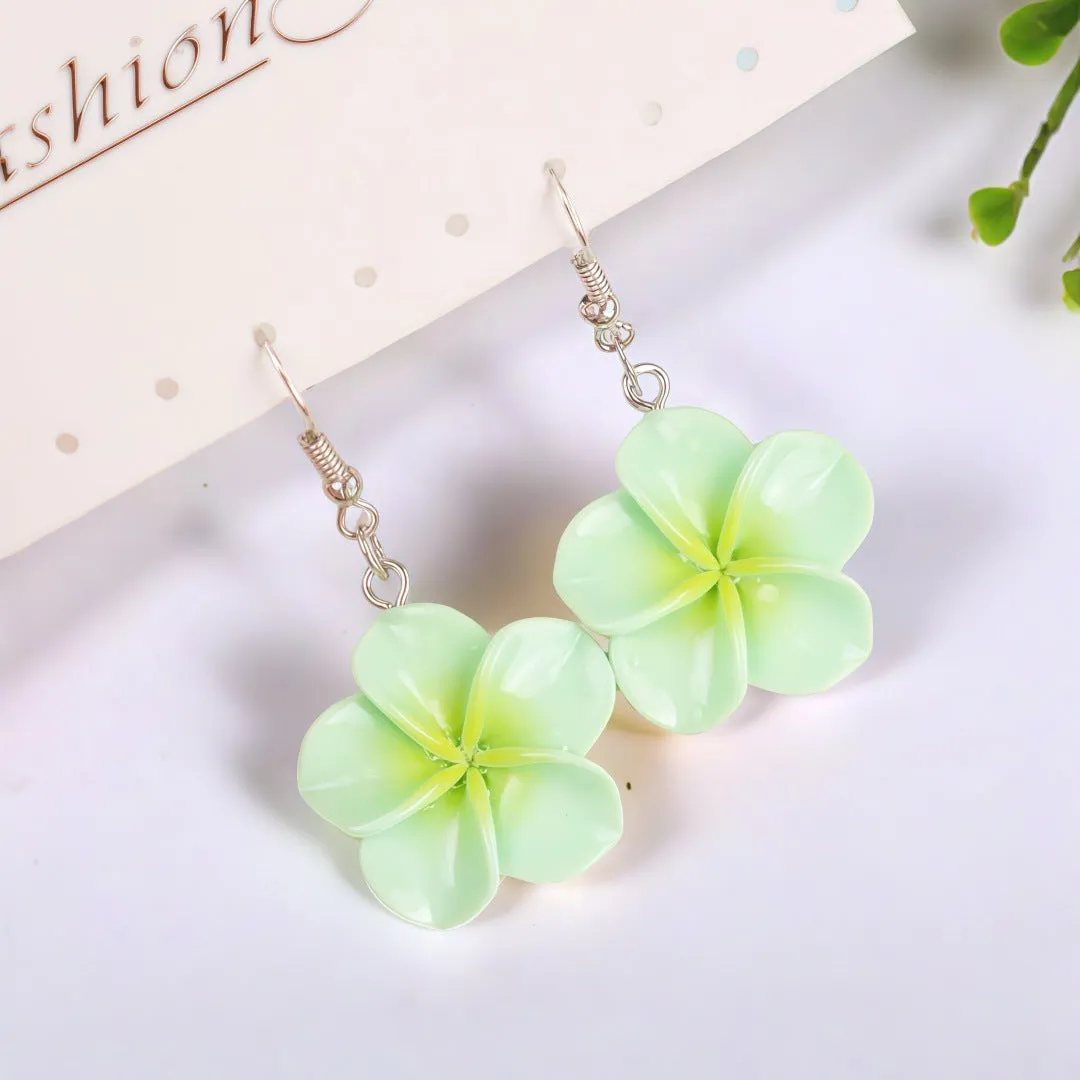 Handmade Plumeria Rubra resin earrings in eight colours including blue and pink, lightweight floral design for pierced ears