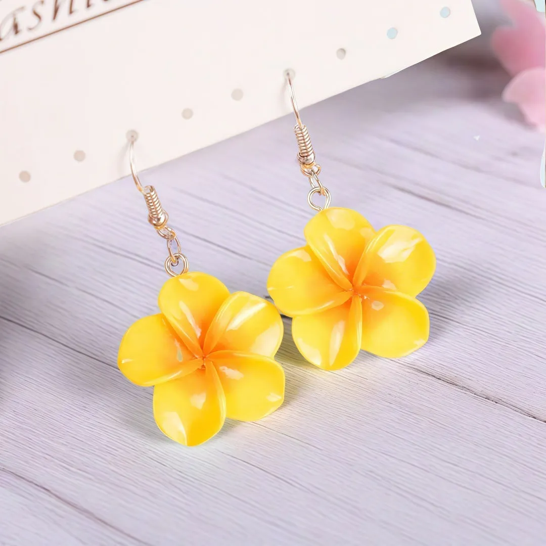 Handmade Plumeria Rubra resin earrings in eight colours including blue and pink, lightweight floral design for pierced ears