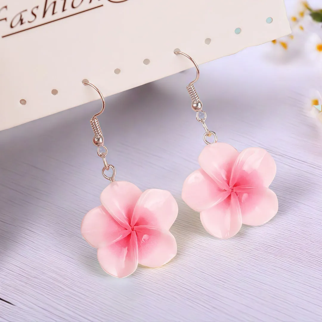 Handmade Plumeria Rubra resin earrings in eight colours including blue and pink, lightweight floral design for pierced ears