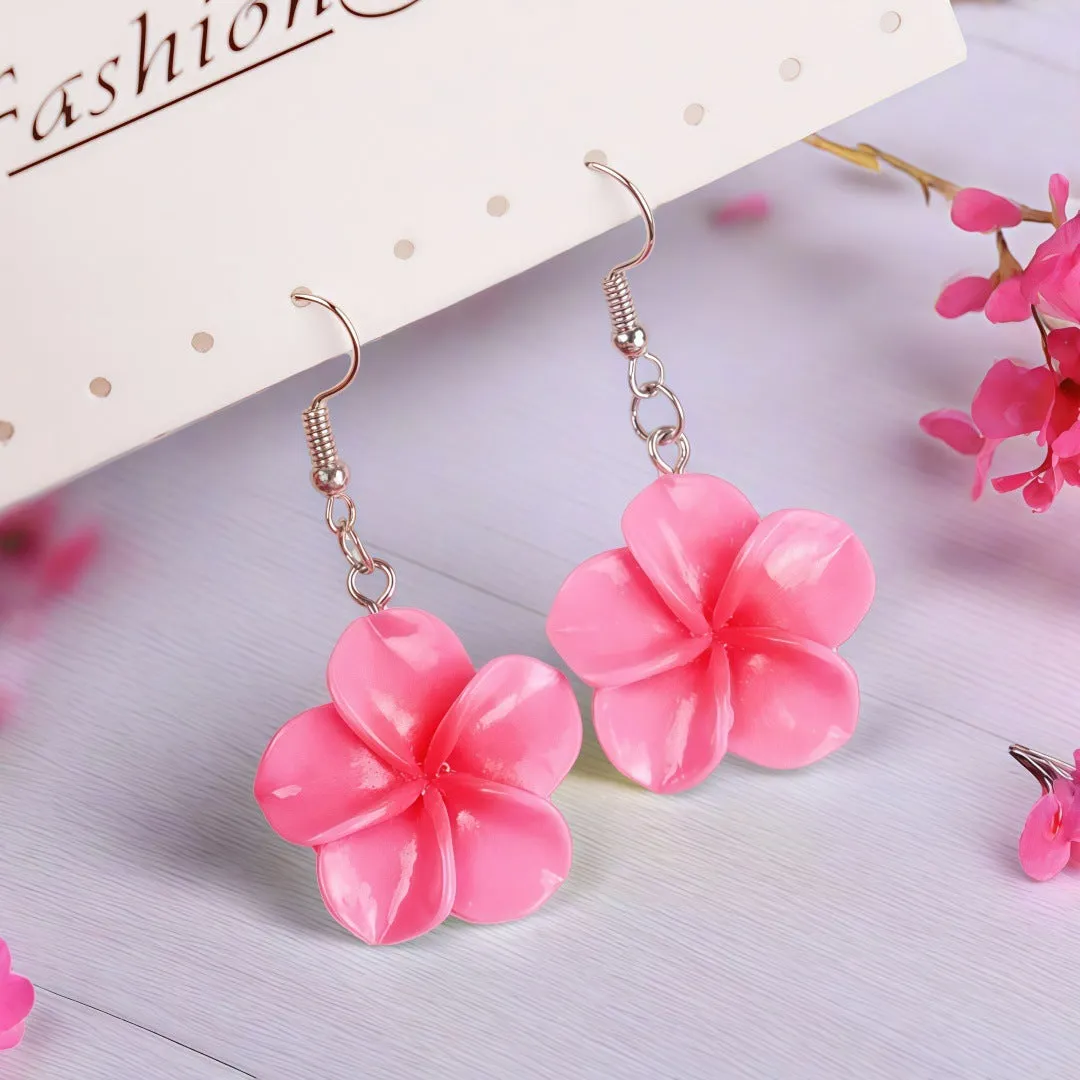 Handmade Plumeria Rubra resin earrings in eight colours including blue and pink, lightweight floral design for pierced ears