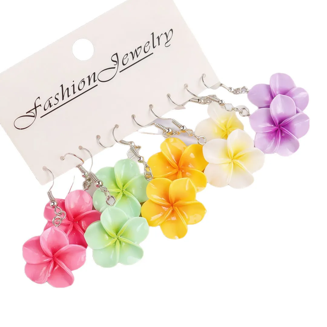 Handmade Plumeria Rubra resin earrings in eight colours including blue and pink, lightweight floral design for pierced ears