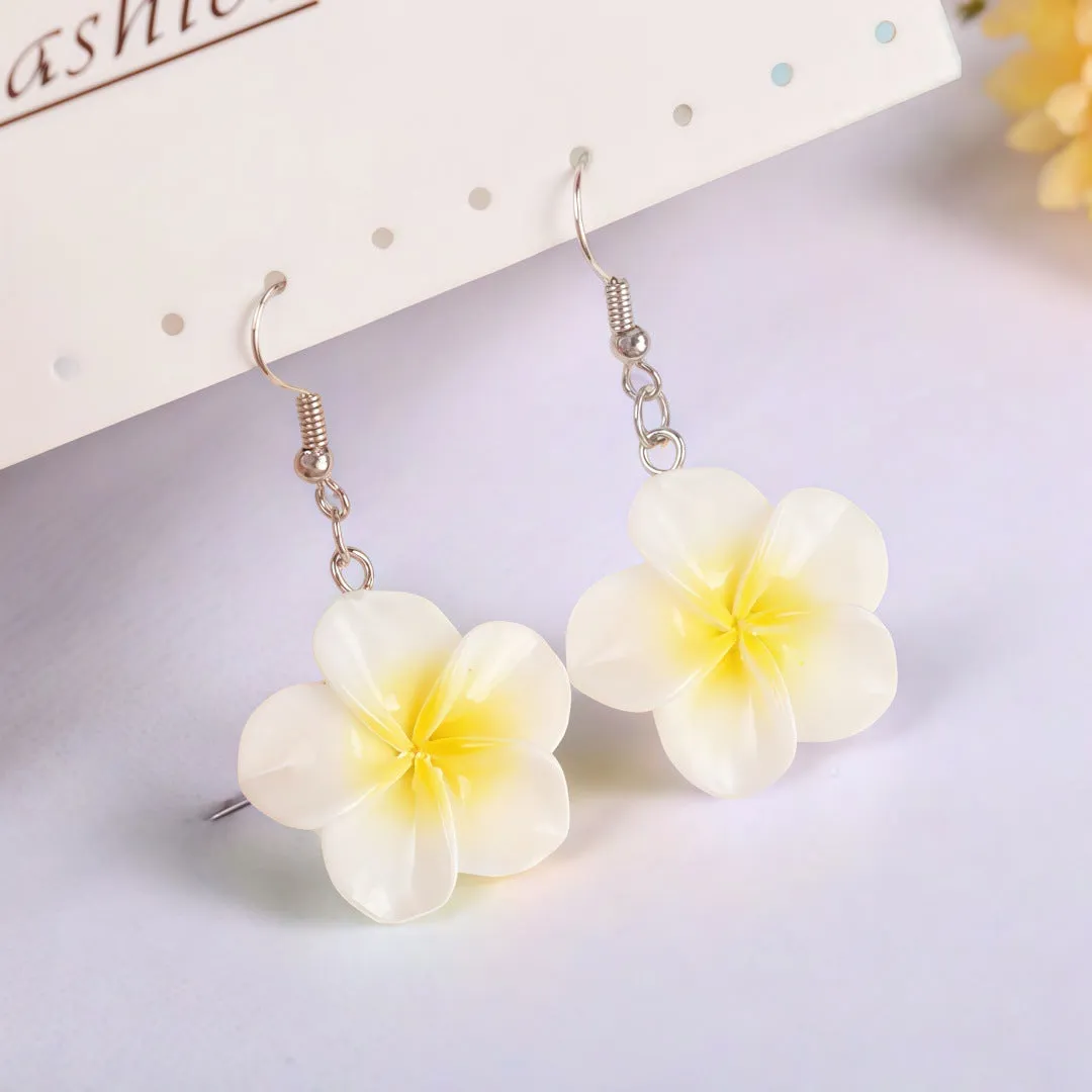 Handmade Plumeria Rubra resin earrings in eight colours including blue and pink, lightweight floral design for pierced ears