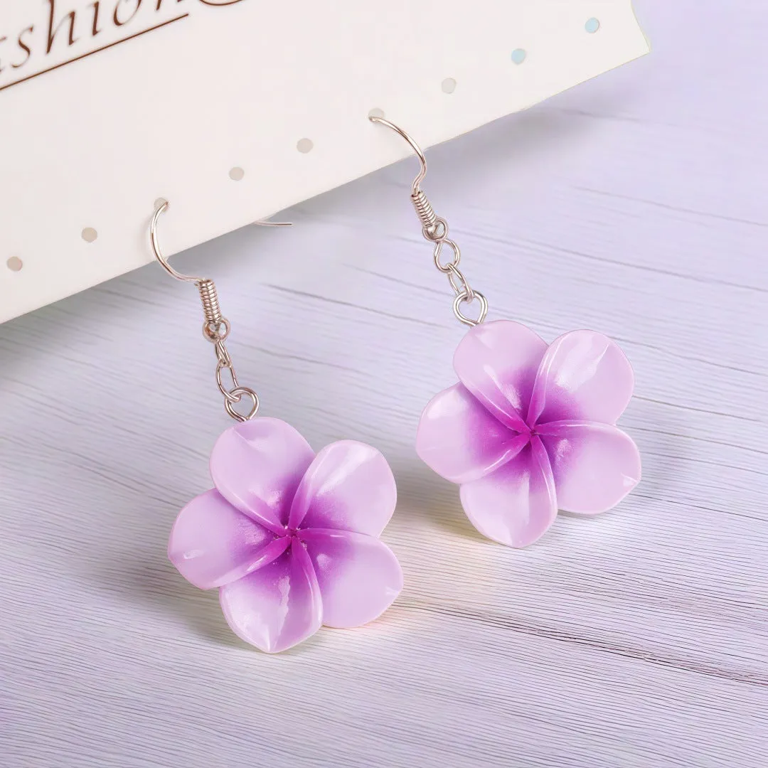 Handmade Plumeria Rubra resin earrings in eight colours including blue and pink, lightweight floral design for pierced ears