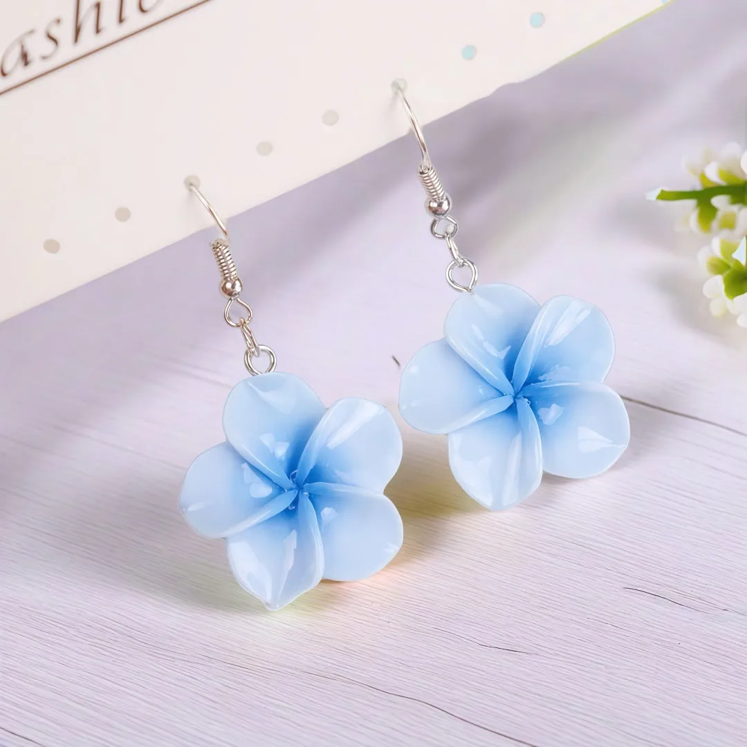 Handmade Plumeria Rubra resin earrings in eight colours including blue and pink, lightweight floral design for pierced ears