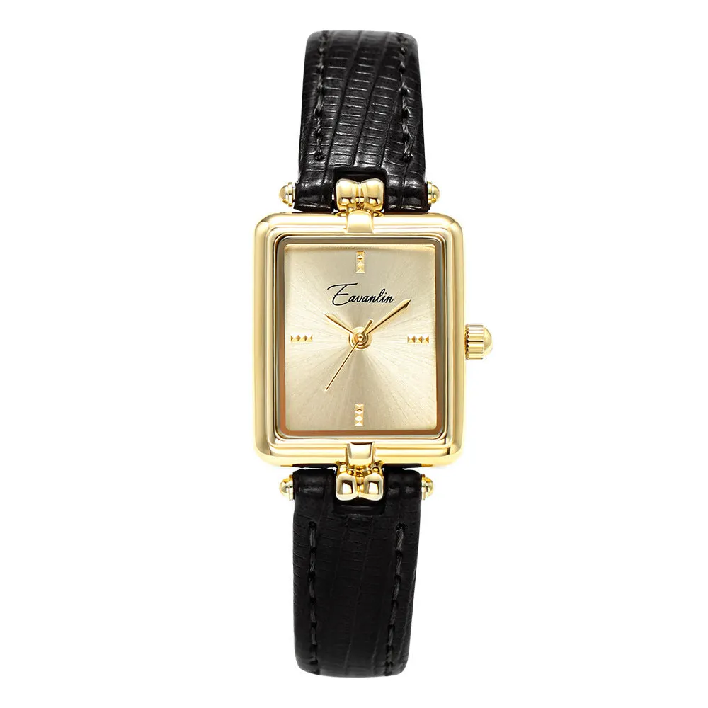 Women's retro special interest light luxury small square watch with black leather strap and gold frame