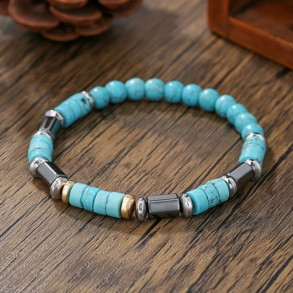Handmade retro men's bracelet with turquoise and haematite beads, colour CZL165