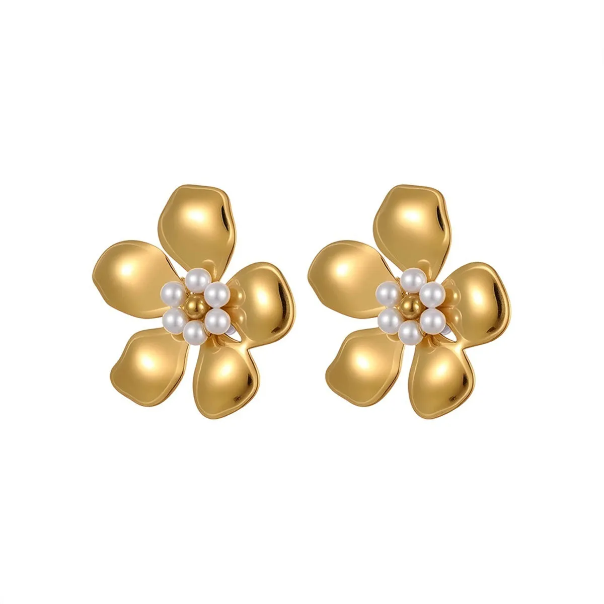 Flower stringed pearls stud earrings in gold and steel colour on white background