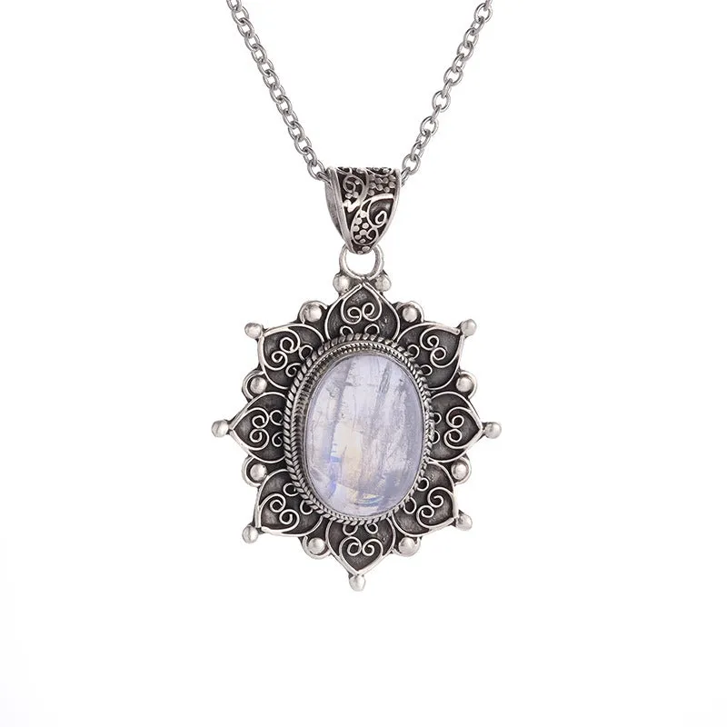 Silver sunflower gemstone pendant necklace on a 51-60cm adjustable clavicle chain with electroplated finish.