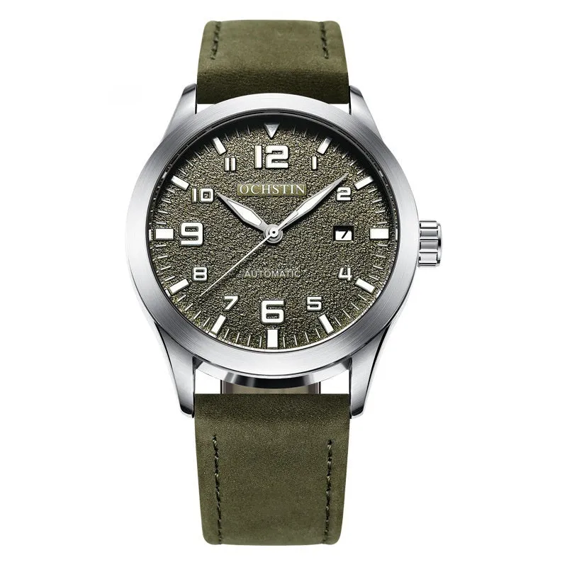 Men's retro automatic watch with leather strap in silver and army green colour option.
