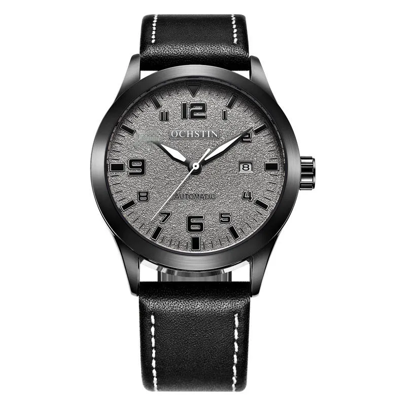 Men's retro automatic watch with leather strap in silver and army green colour option.