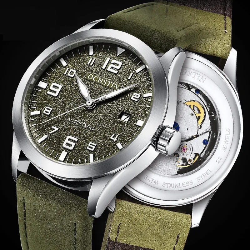 Men's retro automatic watch with leather strap in silver and army green colour option.