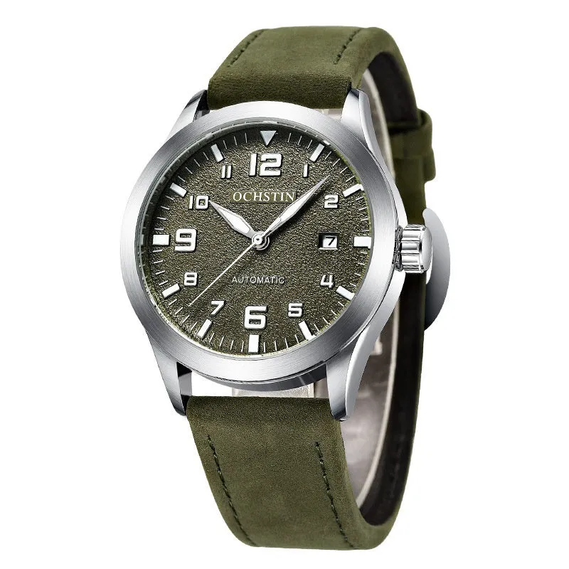 Men's retro automatic watch with leather strap in silver and army green colour option.