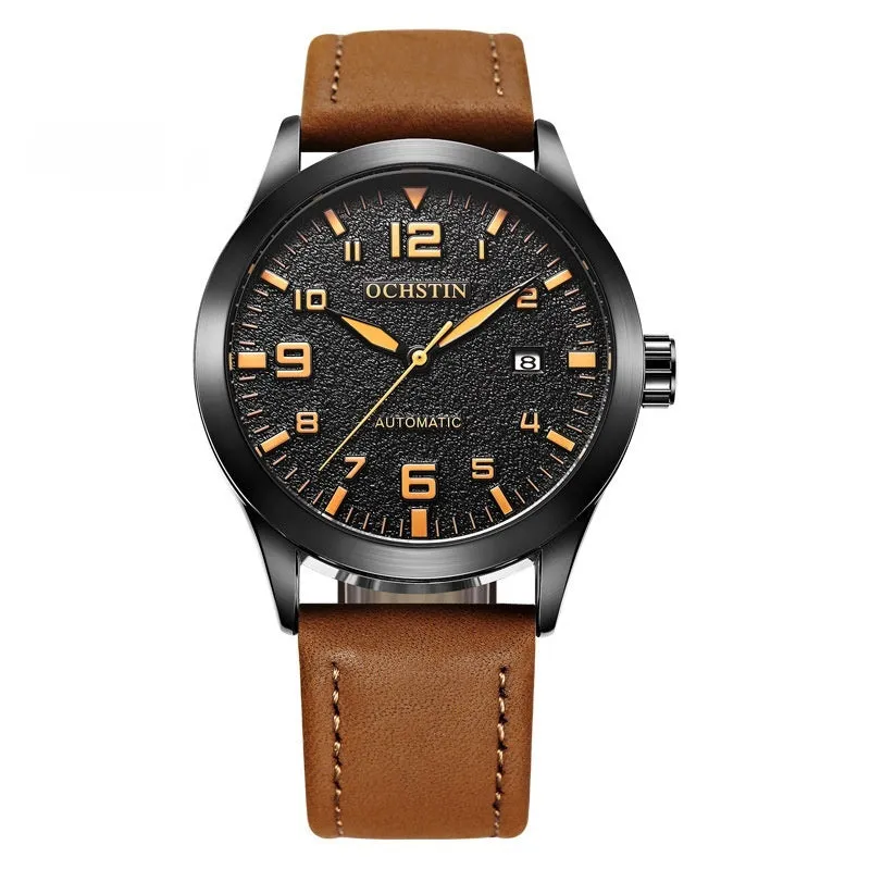 Men's retro automatic watch with leather strap in silver and army green colour option.