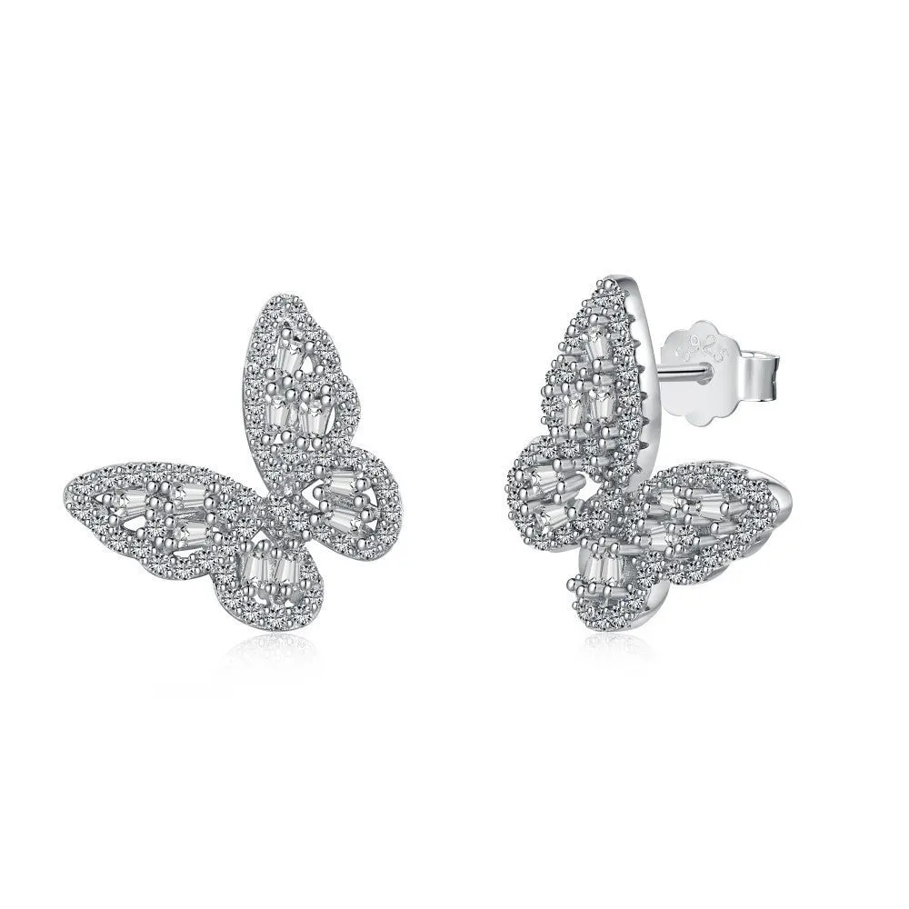 S925 sterling silver stud earrings with zircon inlay, platinum electroplated finish, geometric shape