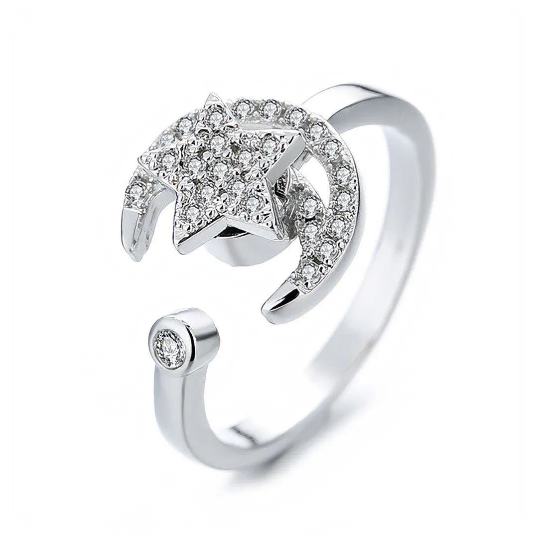 Gold adjustable anti-anxiety ring with rotating moon and micro-inlaid zircon star geometric design