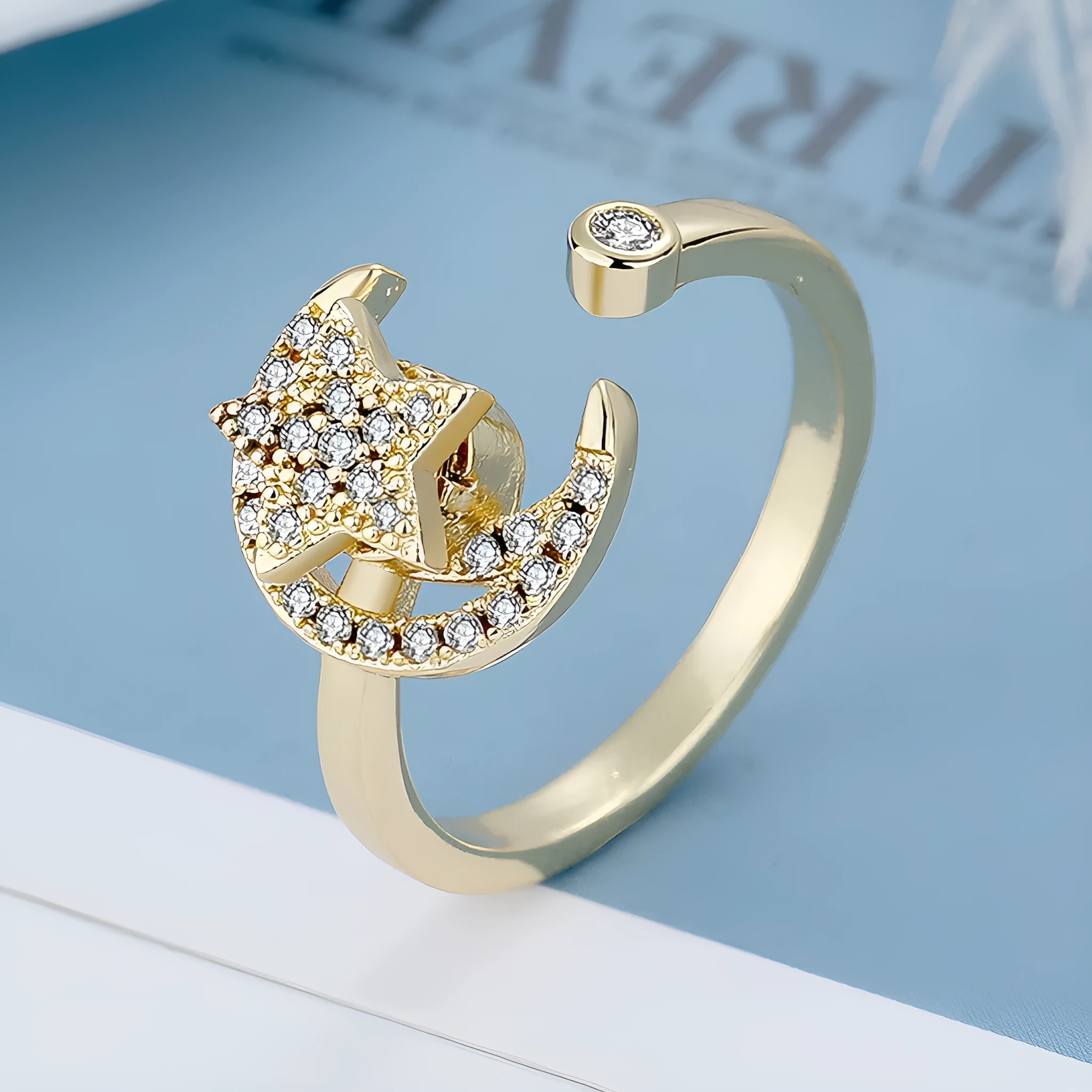 Gold adjustable anti-anxiety ring with rotating moon and micro-inlaid zircon star geometric design