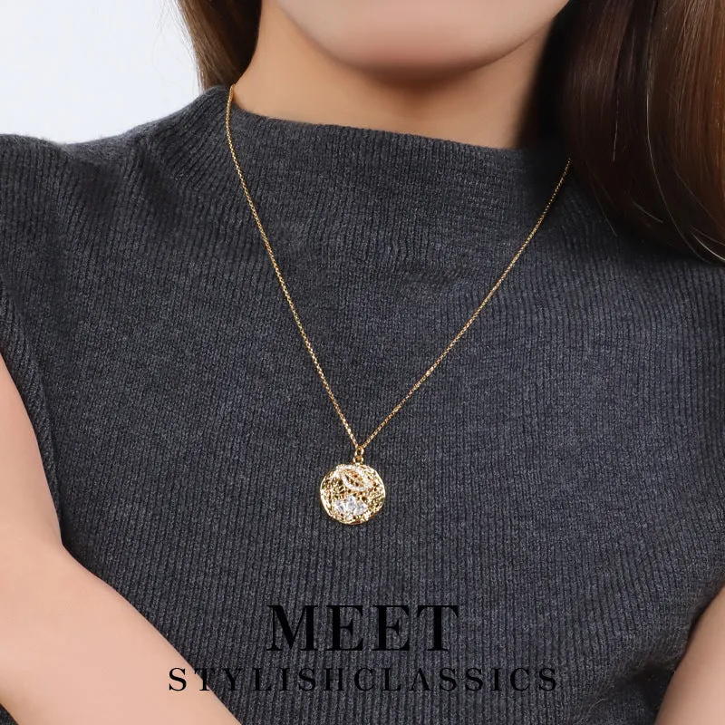 Retro geometric diamond-studded pendant necklace on a regular copper chain, electroplated finish, zircon stones, women's light luxury accessory