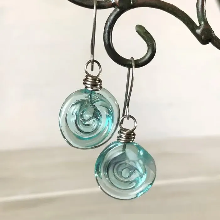 Recycling Glass Spiral Earrings in resin plus metal with electroplated finish