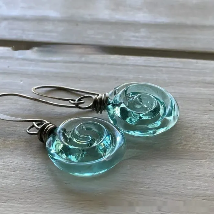 Recycling Glass Spiral Earrings in resin plus metal with electroplated finish