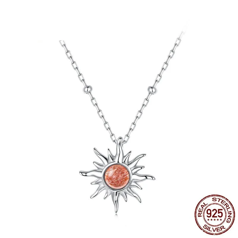 S925 sterling silver sun pendant necklace on display, electroplated finish, O-shaped chain, colour BSN440