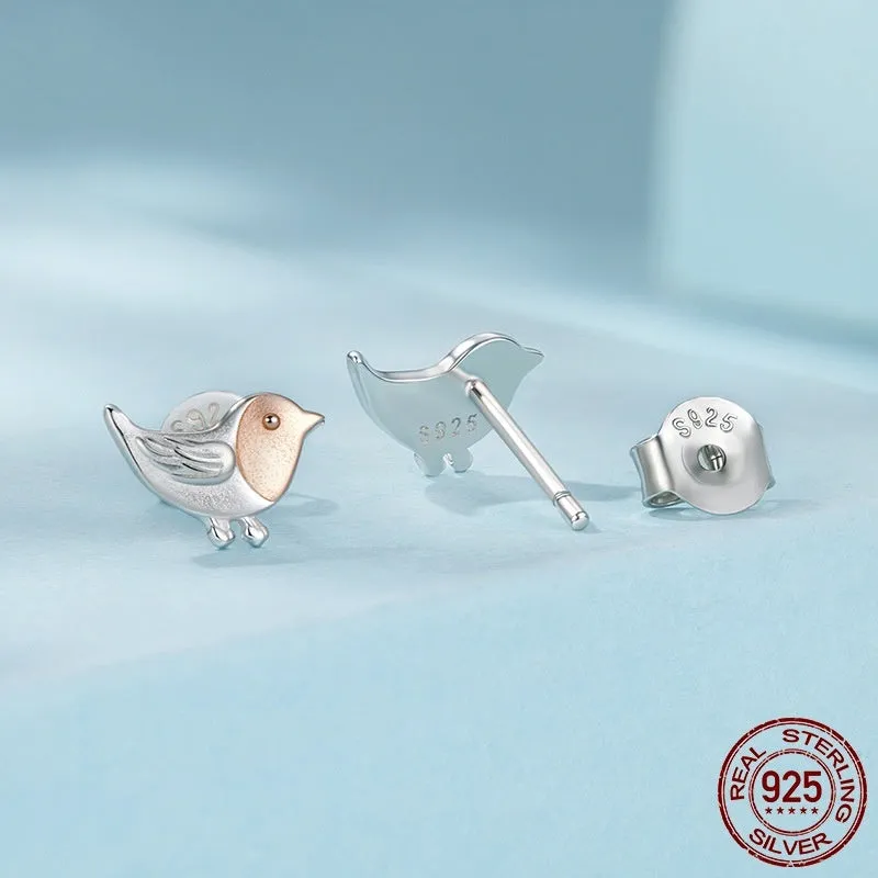 S925 sterling silver bird ear studs electroplated finish three-dimensional design side view